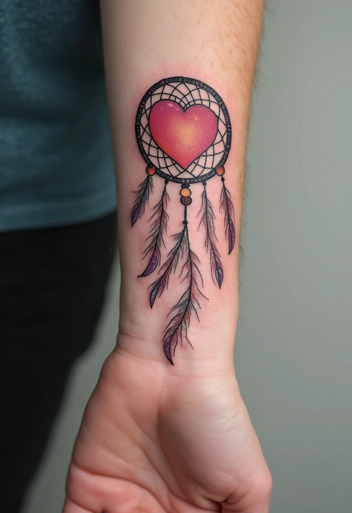 30 Dream Catcher Tattoo Ideas for Men with Protective Energy - 29. Dream Catcher with a Heart