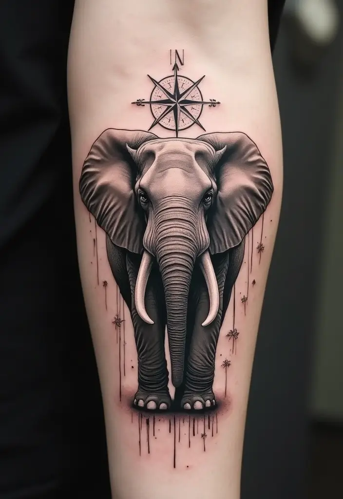 30 Elephant Tattoo Designs That Represent Strength and Wisdom - 29. Elephant and Compass
