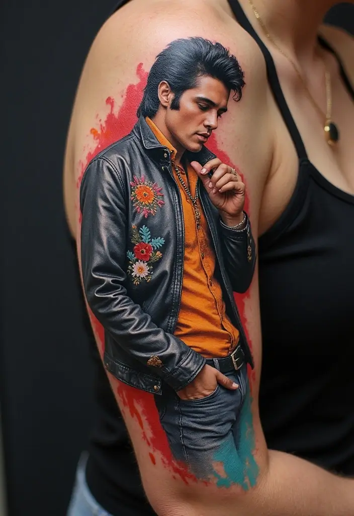 30 Elvis Silhouette Tattoo Ideas for Rock Legends - 29. Elvis in a Cool Jacket