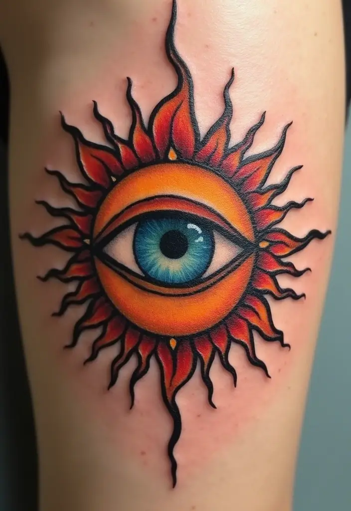 30 Evil Eye Tattoo Designs for Protection and Style - 29. Evil Eye with a Sun