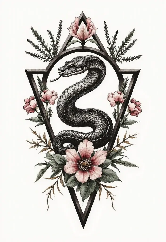 30 Geometric Snake Tattoo Ideas with Unique Patterns - 29. Snake in Geometric Frame with Floral Elements