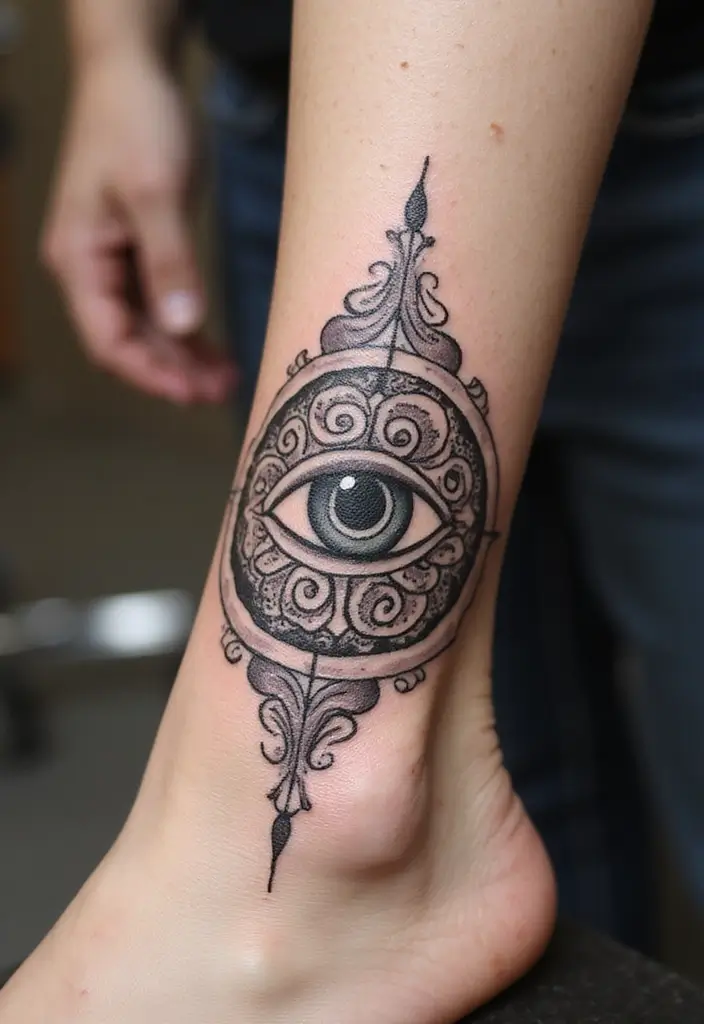 30 Greek Eye Tattoo Meaning and Stunning Design Ideas - 29. Greek Eye with Spirals
