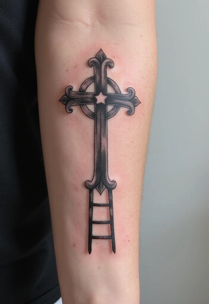30 Hand Cross Tattoos That Blend Faith and Style - 29. Cross with a Ladder