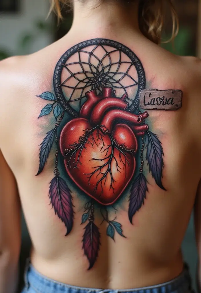 30 Heart Tattoos with Names to Celebrate Love and Bonds - 29. Heart with Dreamcatcher and Name