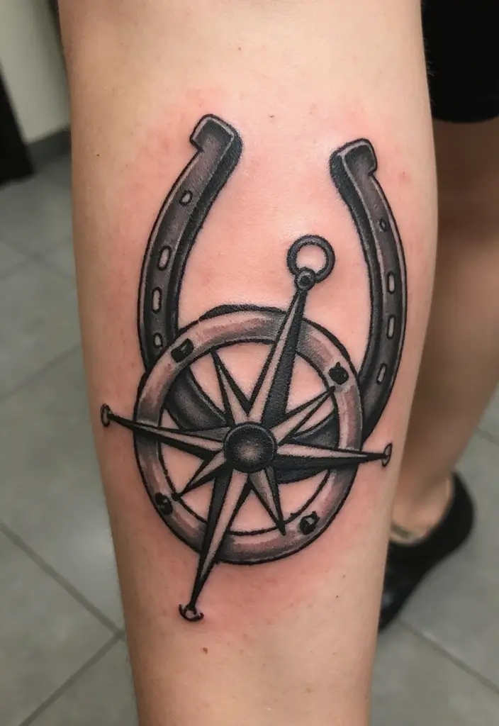 30 Horse and Horseshoe Tattoos for Luck and Freedom - 29. Horseshoe with a Compass