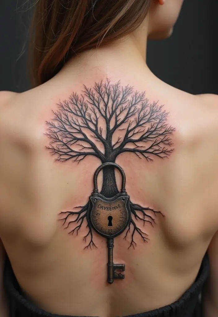 30 Key Lock Tattoo Ideas Symbolizing Love and Mystery - 29. Lock and Key with a Tree of Life