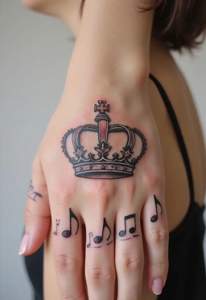 30 King and Queen Tattoos Finger Designs for Couples - 29. Crown with Music Notes