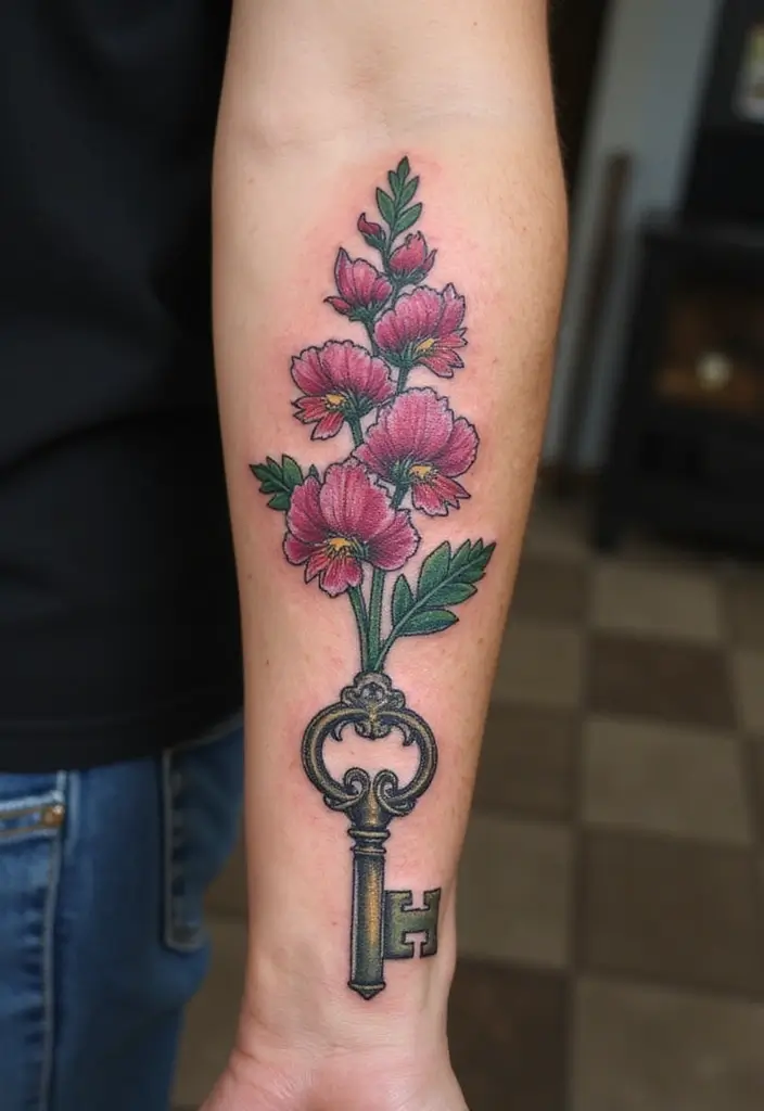 30 Larkspur Tattoo Designs Inspired by Birth Flowers - 29. Larkspur with a Key