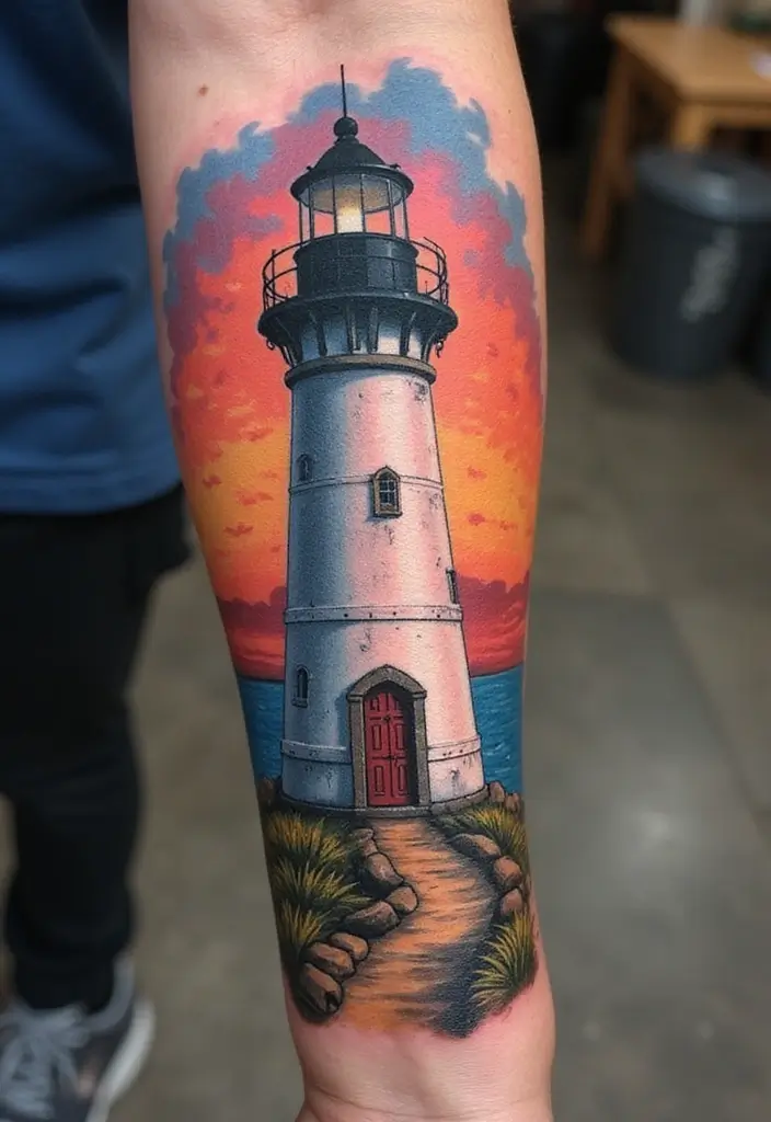 30 Lighthouse Forearm Tattoo Ideas That Guide the Way - 29. Lighthouse with a Door