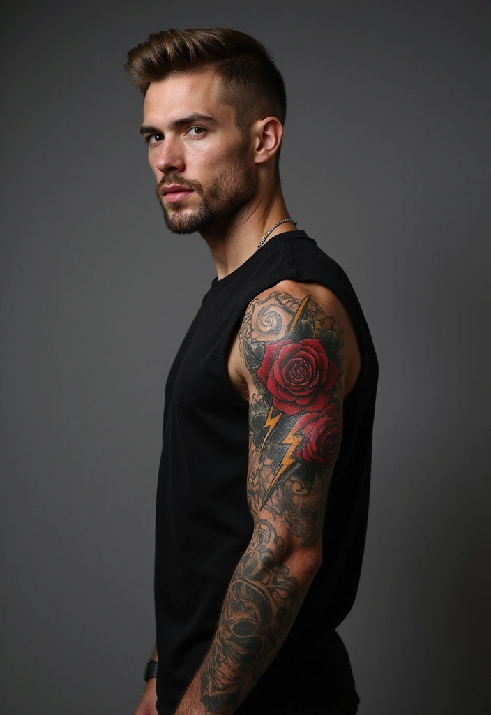 30 Lightning Tattoos for Men That Electrify Style - 29. Lightning and Rose