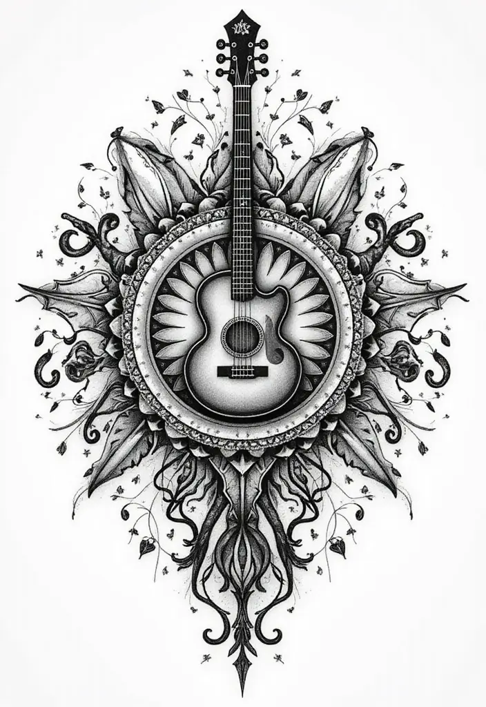 30 Mandala Tattoo Ideas with Spiritual and Geometric Beauty - 29. Mandala with Music Elements