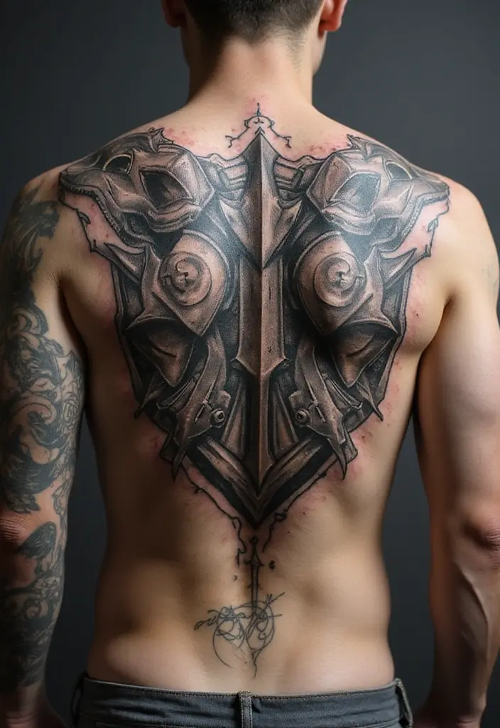 30 Futuristic Mech Tattoo Inspirations for Sci-Fi Fans - 29. Mech Shield Tattoo