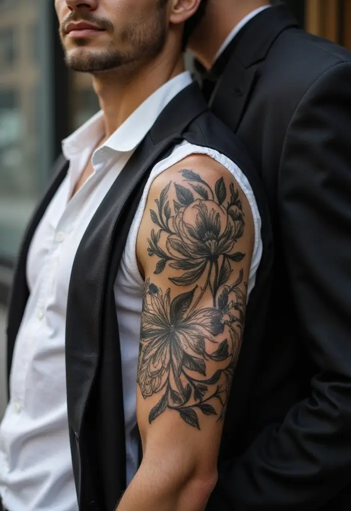 30 Mens Flower Sleeve Tattoo Ideas with Bold Florals - 29. Floral Art Nouveau: Elegant Curves