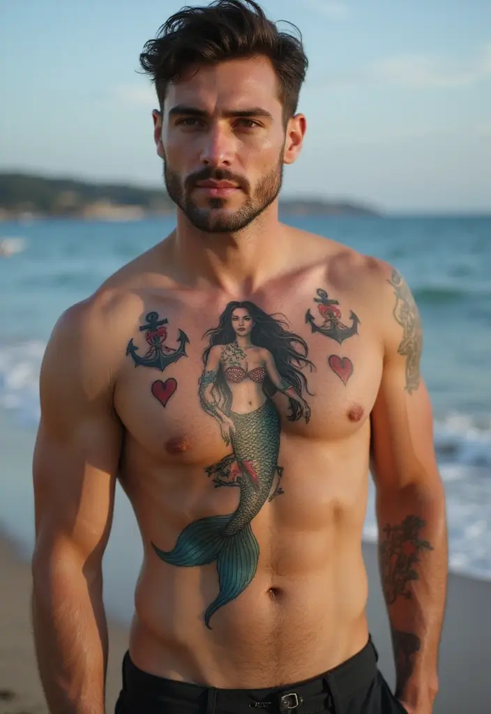 30 Creative Mermaid Tattoos for Men with Ocean Spirit - 29. Symbolic Mermaid Representation