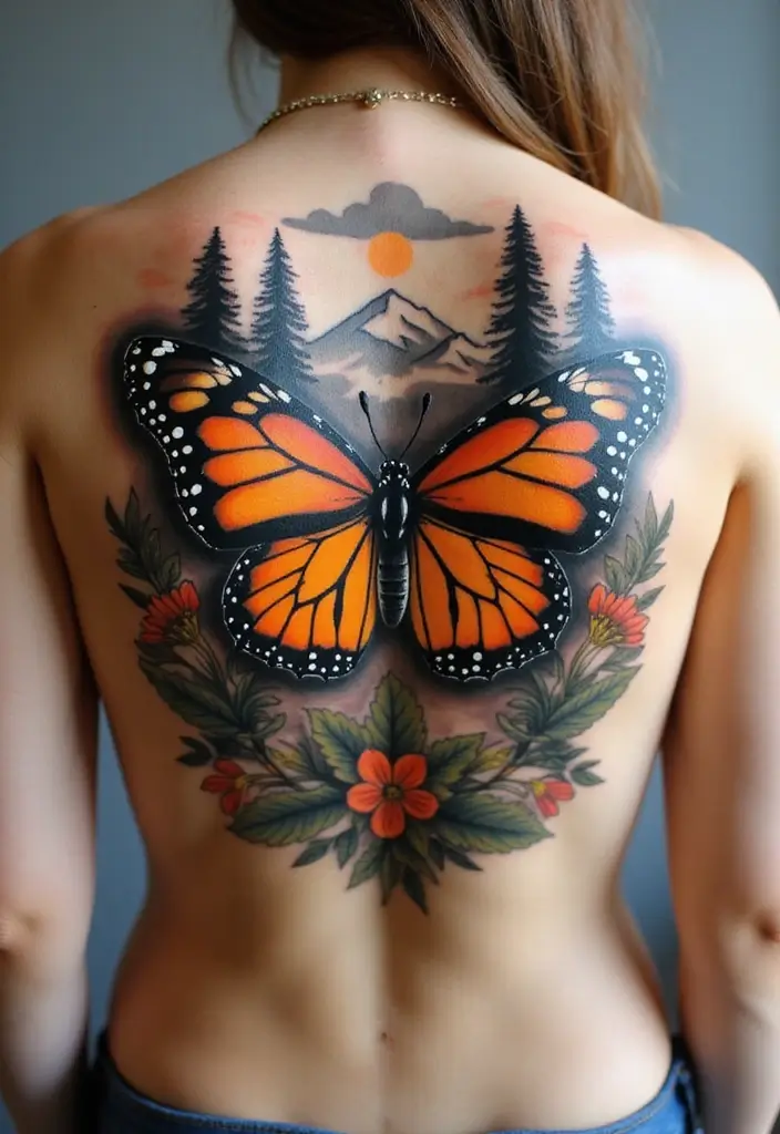 30 Monarch Butterfly Tattoo Designs with Deep Symbolism - 29. Monarch Butterfly in Nature's Embrace