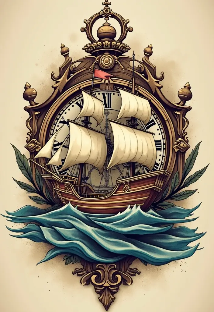 30 Pirate Ship Tattoo Designs for Ocean Lovers - 29. Vintage Pirate Ship Clock Tattoo