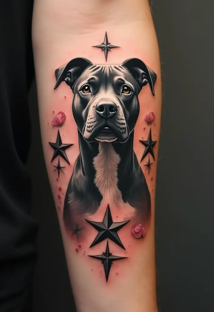 30 Pitbull Tattoo Designs Celebrating Strength and Loyalty - 29. Pitbull with Stars