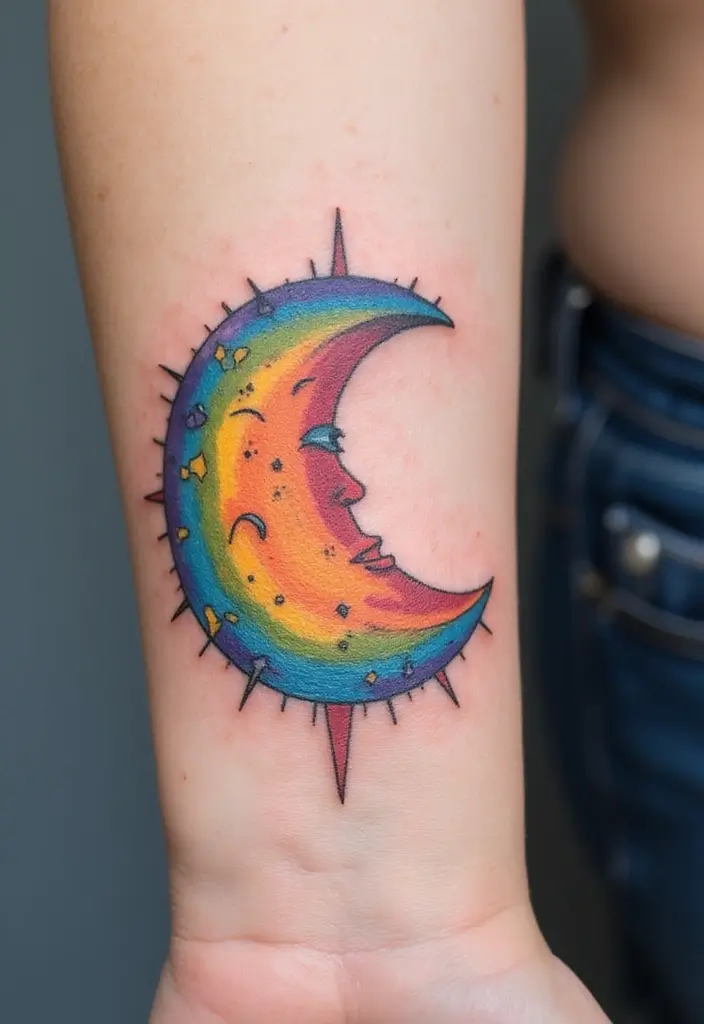 30 Rainbow Tattoos That Symbolize Hope and Diversity - 29. Rainbow Moon Tattoo