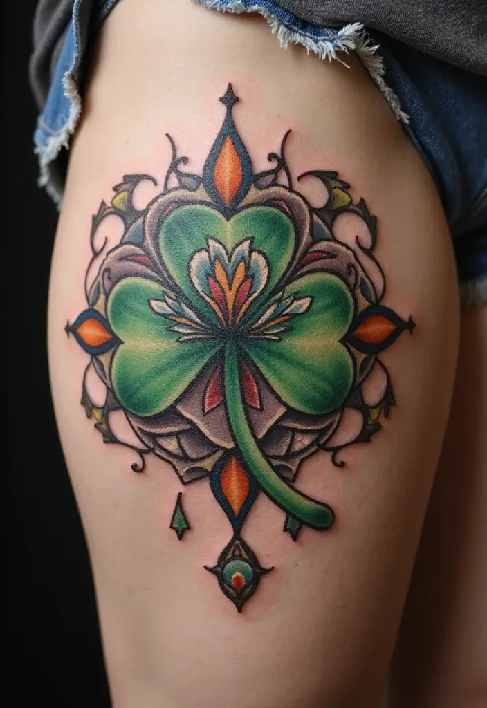 30 Realistic Four Leaf Clover Tattoo Inspirations for Luck - 29. Clovers with Mandalas