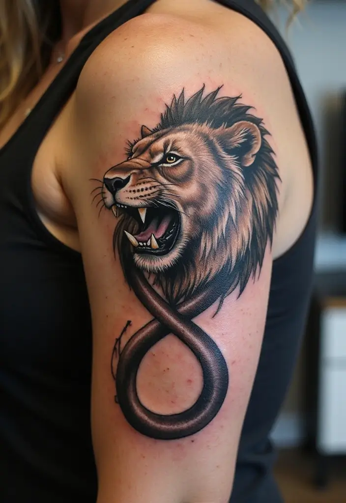 30 Roar Lion Tattoo Inspirations That Show Strength - 29. Lion and Infinity Symbol: Eternal Strength
