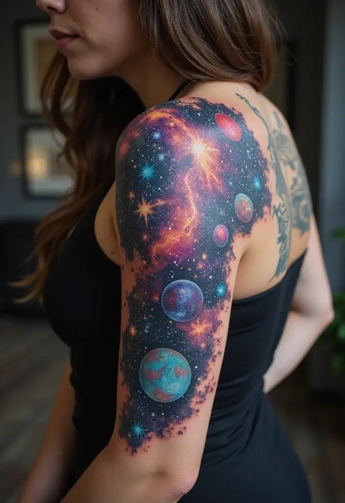 30 Shoulder and Back Tattoos for Women That Look Stunning - 29. Connection to the Universe