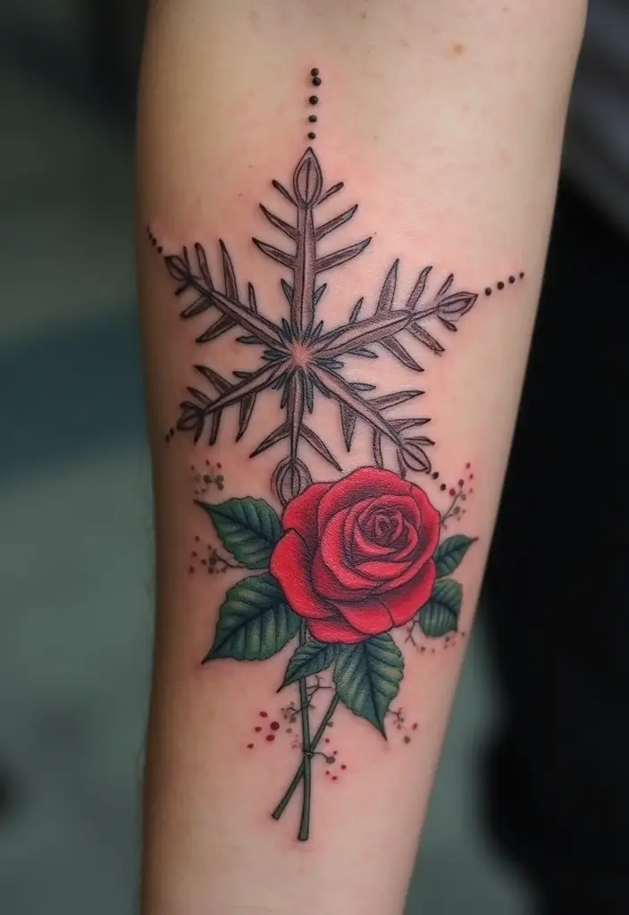 30 Snowflake Tattoo Ideas with Delicate and Unique Patterns - 29. Snowflake with a Rose