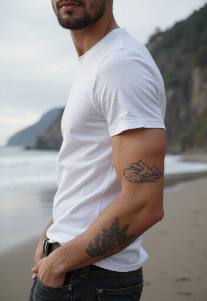 30 Subtle Men Tattoos That Look Minimal Yet Powerful - 29. Minimalist Wave and Mountain