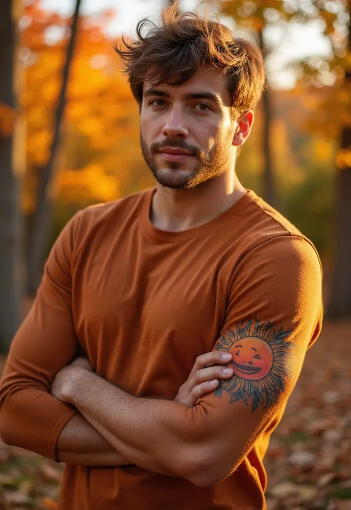 30 Sun Tattoo Men Ideas for Radiant Energy - 29. Sun with Pumpkin Tattoo