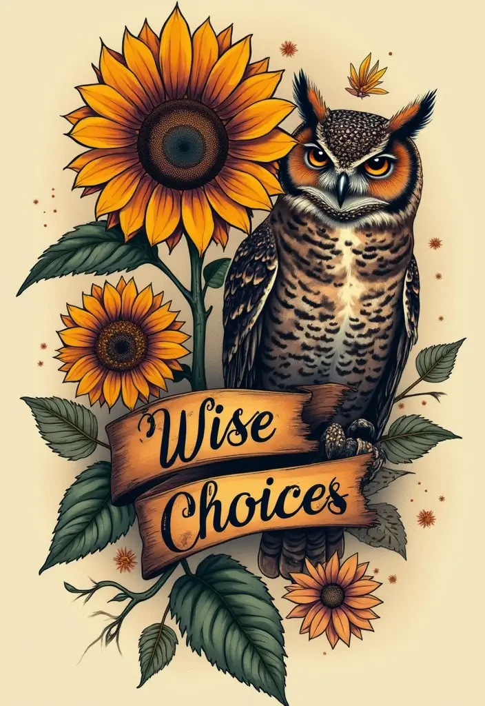 30 Sunflower and Quote Tattoo Ideas Full of Positivity - 29. Sunflower and Owl with 'Wise Choices'