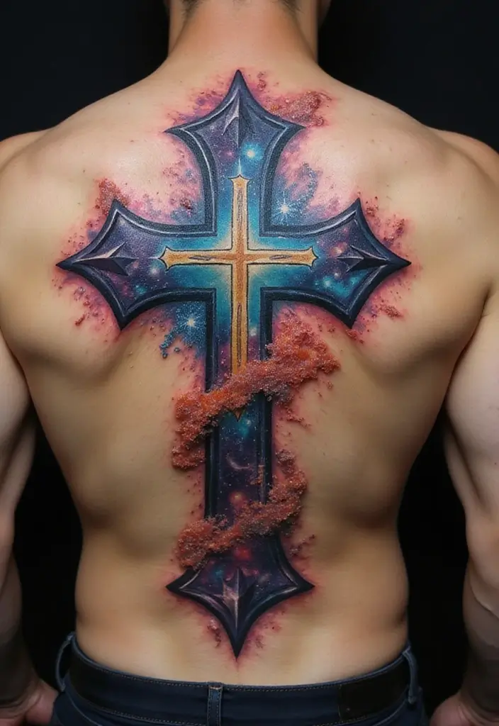 30 Tattoo Cross 3D Designs That Look Realistic - 29. Cross with a Galaxy