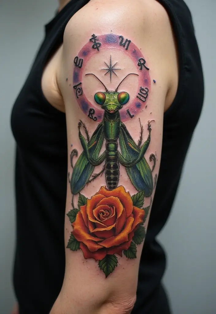 30 Traditional Praying Mantis Tattoo Ideas You’ll Love - 29. Mantis with Astrology Symbols
