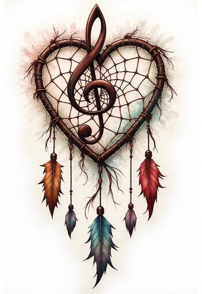 30 Treble Clef and Bass Clef Heart Tattoo Ideas for Music Lovers - 30. Clef Heart with a Dreamcatcher