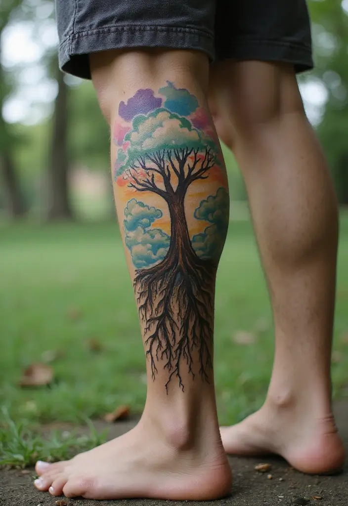 30 Tree Leg Tattoo Designs for Nature-Inspired Ink - 29. Tree with Roots in the Sky