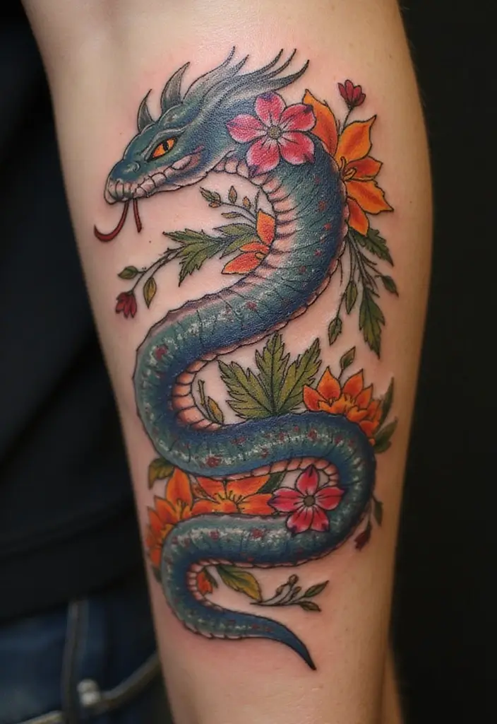 30 Viking Snake Tattoo Designs with Norse Symbolism - 29. Serpent with Nature Patterns
