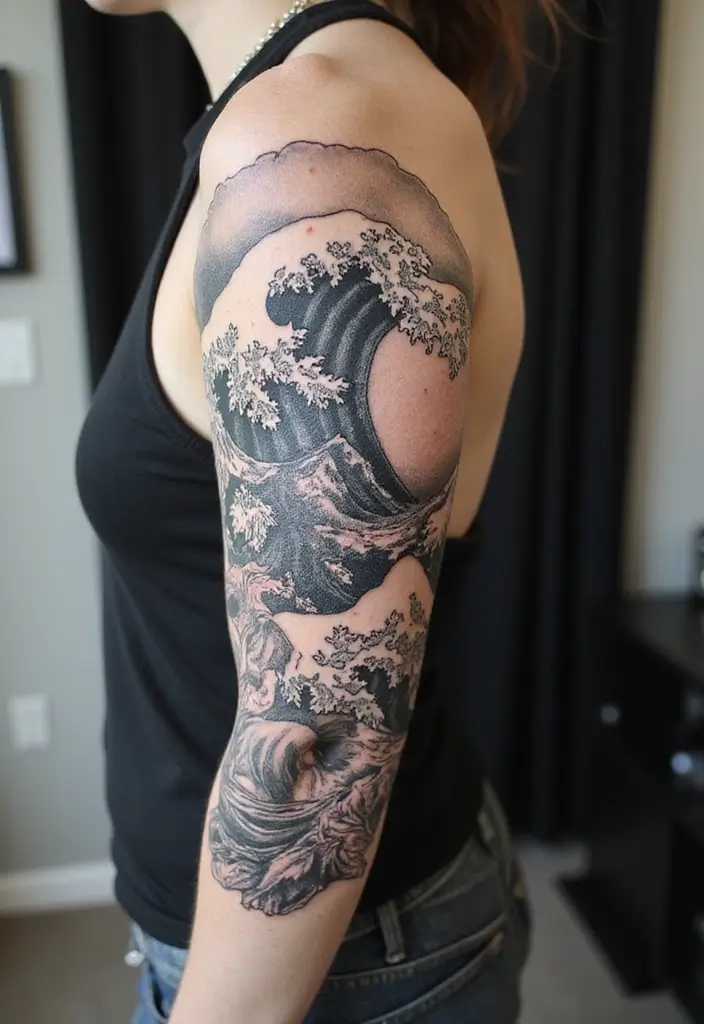30 Wave Tattoo Sleeve Ideas That Make a Bold Statement - 29. Eco-Conscious Wave Art