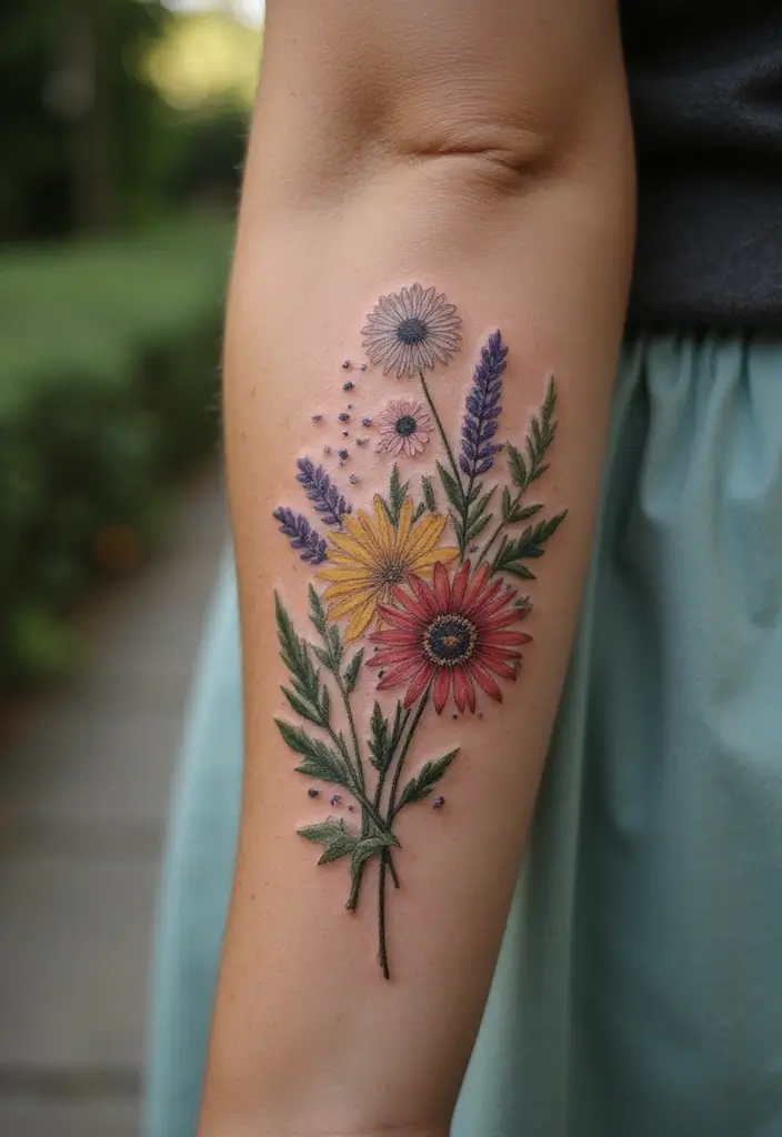 30 Women’s Feminine Arm Tattoos That Look Stylish - 29. Floral Dandelion Tattoos