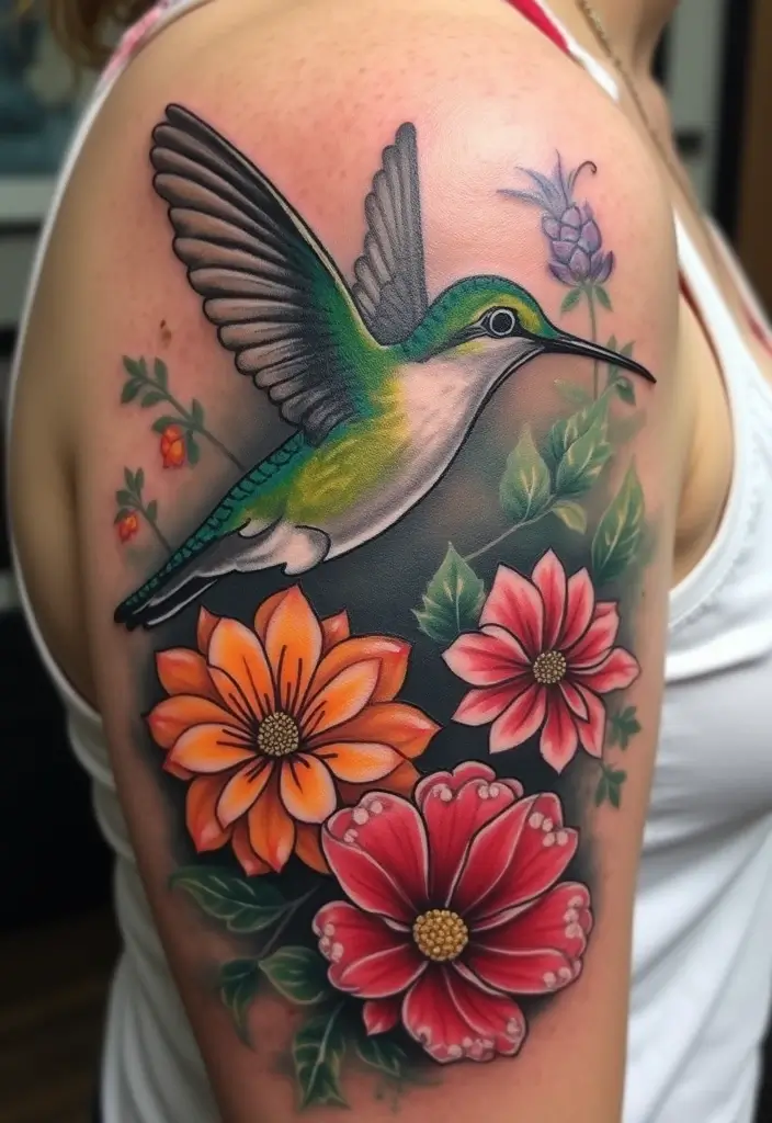 30 3D Hummingbird Tattoos That Feel Lifelike - 2. Floral Symphony