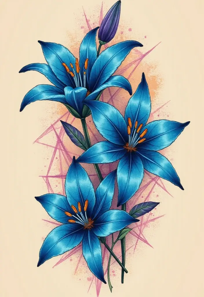 30 Blue Lily Tattoo Designs That Look Elegant - 2. Bold Blue Lily with Geometric Elements