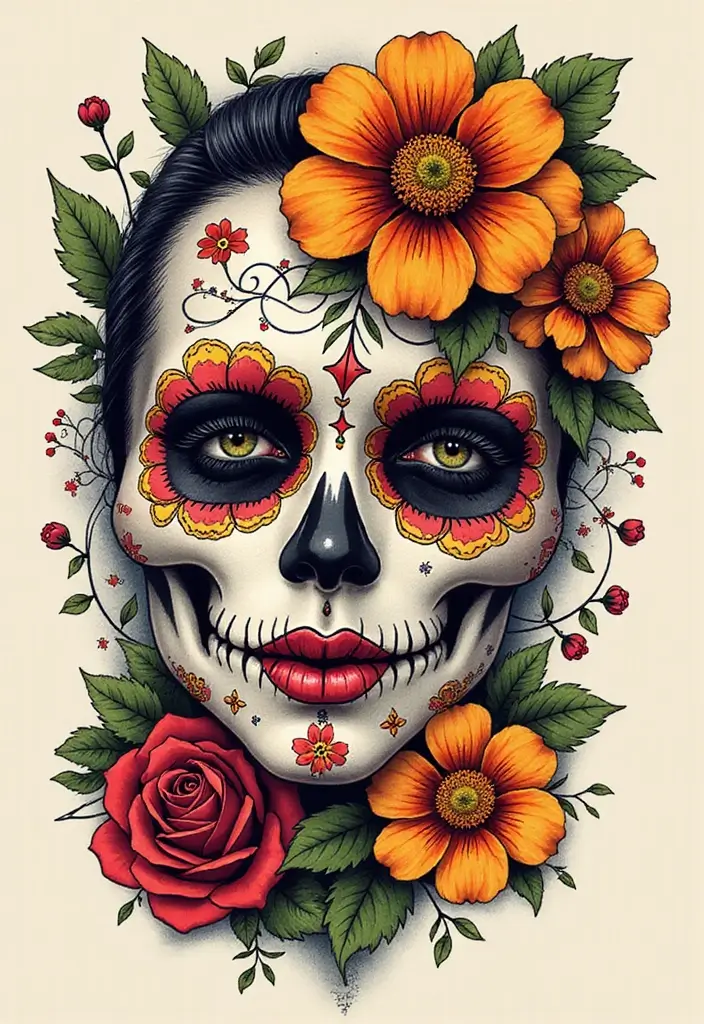 30 Calavera Tattoo Inspirations for Day of the Dead - 2. Floral Accents