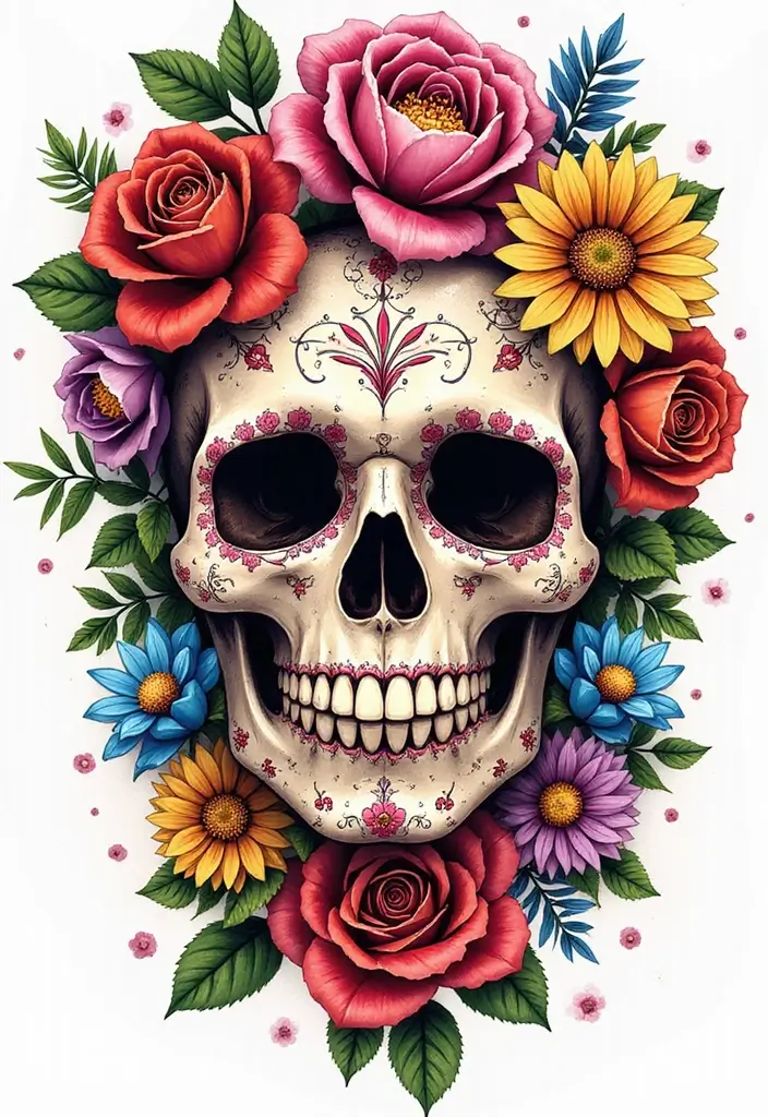 30 Candy Skull Tattoo Meaning and Creative Designs - 2. Floral Elements in Candy Skull Tattoos