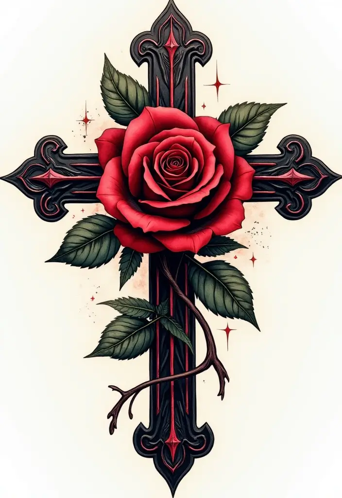 30 Cross with Flowers Tattoo Ideas That Blend Faith and Beauty - 2. Bold Rose Cross