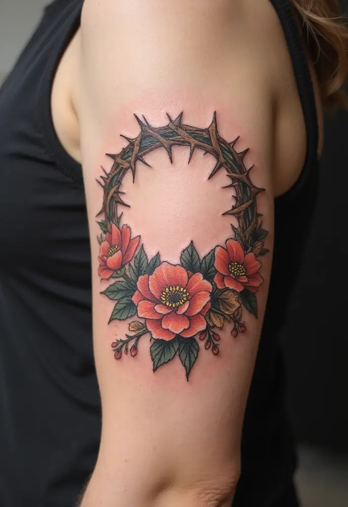 30 Crown of Thorns Bicep Tattoo Inspirations You’ll Admire - 2. Rustic Floral Crown