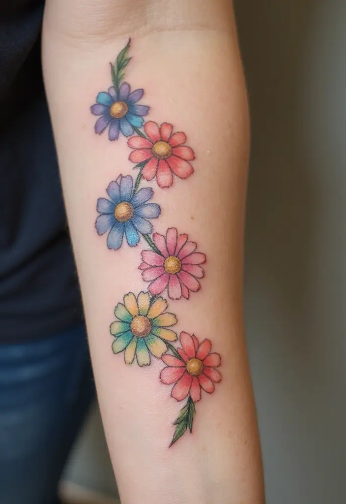 30 Daisy Chain Tattoo Inspirations for a Delicate Look - 2. Watercolor Daisies
