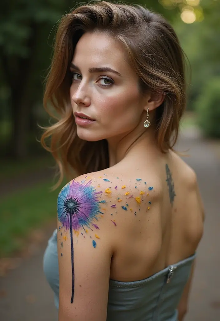 30 Dandelion Tattoo on Shoulder Ideas That Inspire Freedom - 2. Abstract Dandelion Burst