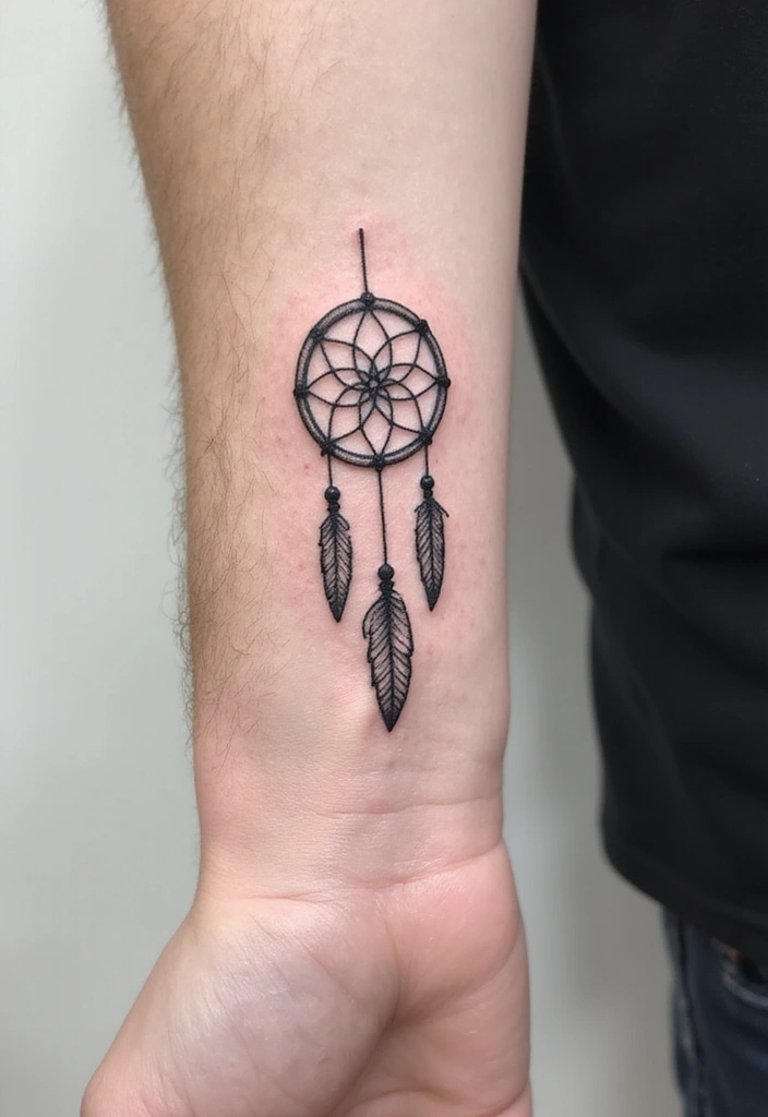 30 Dream Catcher Tattoo Ideas for Men with Protective Energy - 2. Minimalist Dream Catcher