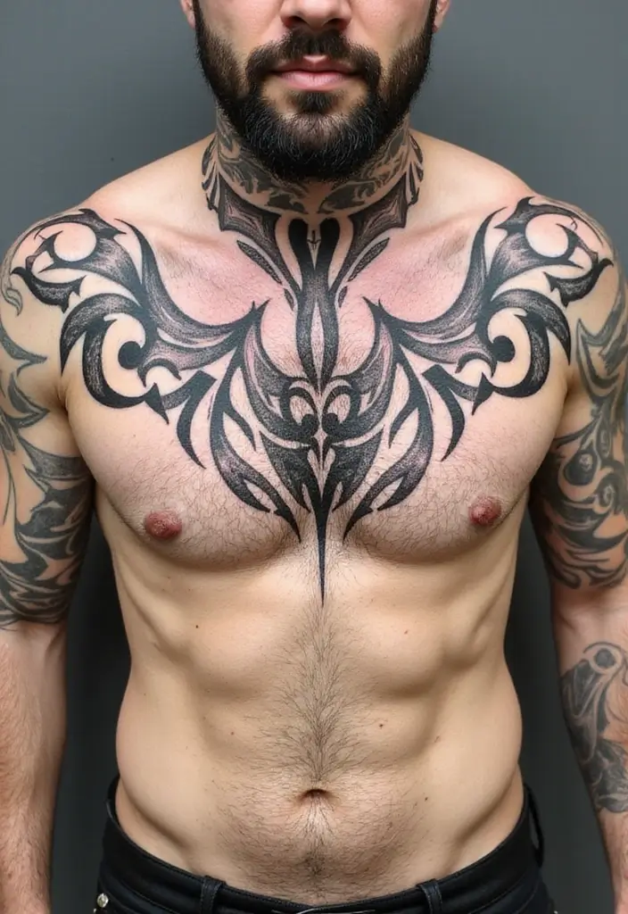 30 Full Chest Tattoos for Men with Powerful Visual Impact - 2. Tribal Patterns