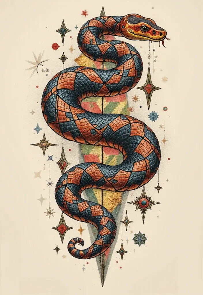 30 Geometric Snake Tattoo Ideas with Unique Patterns - 2. Interlocking Geometric Shapes