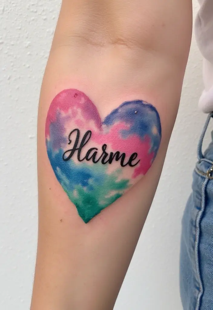 30 Heart Tattoos with Names to Celebrate Love and Bonds - 2. Watercolor Heart with Names