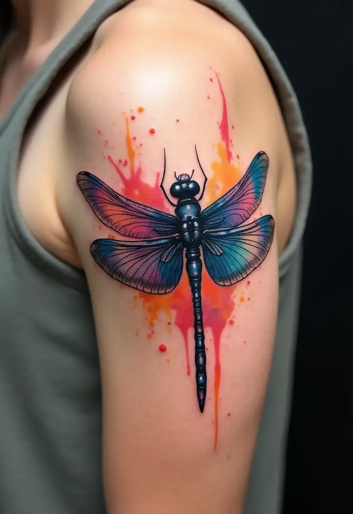 30 Infinity Dragonfly Tattoo Designs with Meaning - 2. Bold Black and Watercolor Fusion