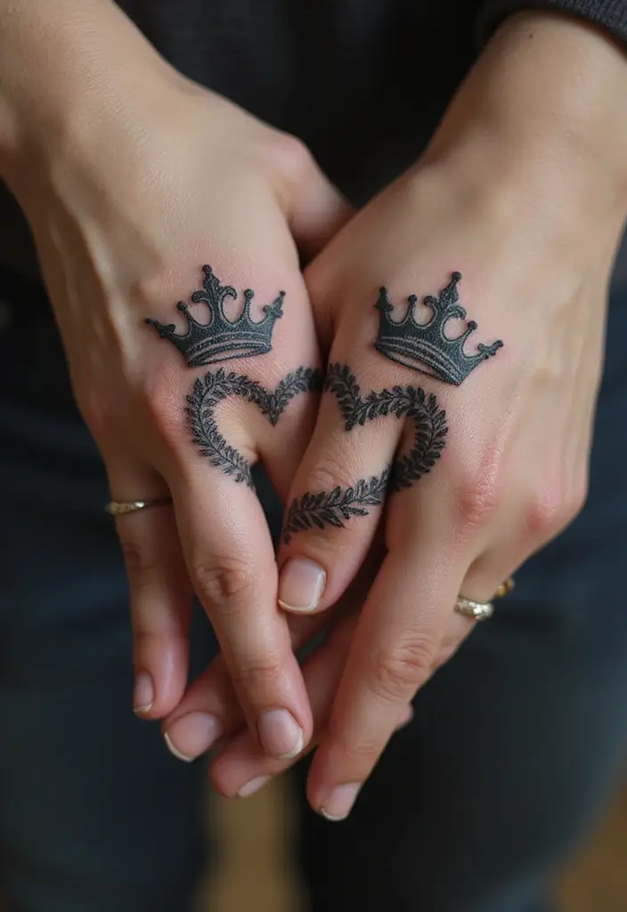 30 King and Queen Tattoos Finger Designs for Couples - 2. Interlocking Hearts and Crowns